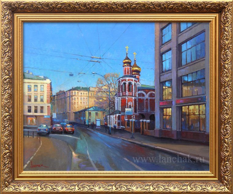 Живопись, картина городской пейзаж Москвы с изображением Славянской площади, китай-Город