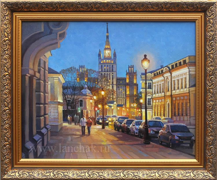 Картина маслом, московская улица Б. Никитская, городской пейзаж художника