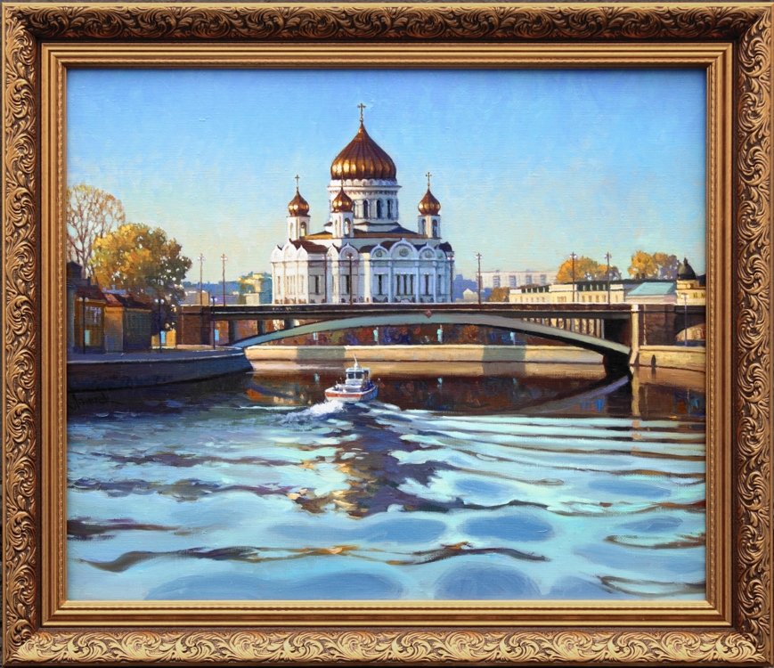 Вид на Храм Христа и Москву-реку. Городской пейзаж маслом на холсте