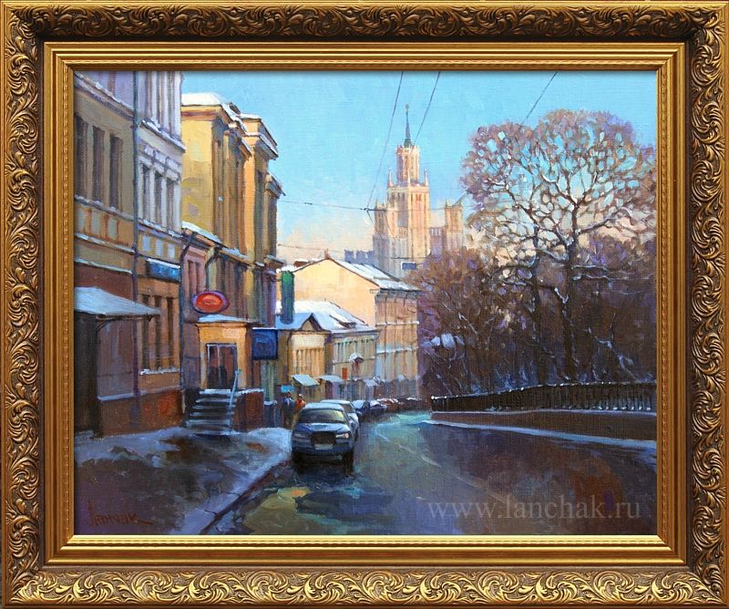 Живописный вид улицы Москвы. Городской пейзаж, картина маслом на холсте московского художника Ланчака