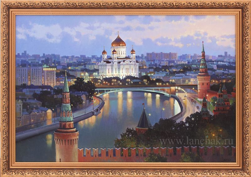 Живописный пейзаж Москвы. Панорама Москвы, вид на Кремль и Храм Христа Спасителя. Картина маслом на холсте