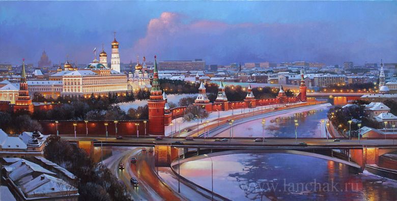 Живописный пейзаж Москвы с видом на Кремль. Панорама ночной Москвы. Картина художника Ланчака