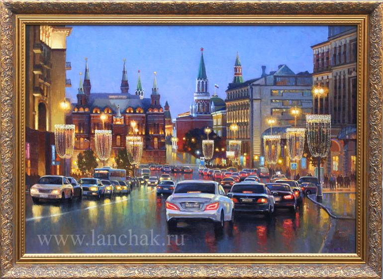 Улица Тверская, ночной вид Москвы. Картина маслом на холсте