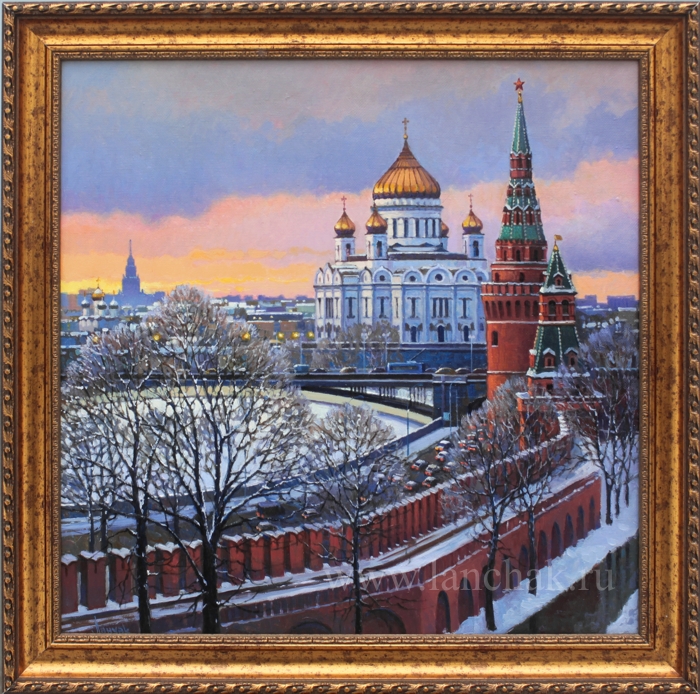 Картина городской пейзаж Москвы, вид на Храм Христа и Кремль.
