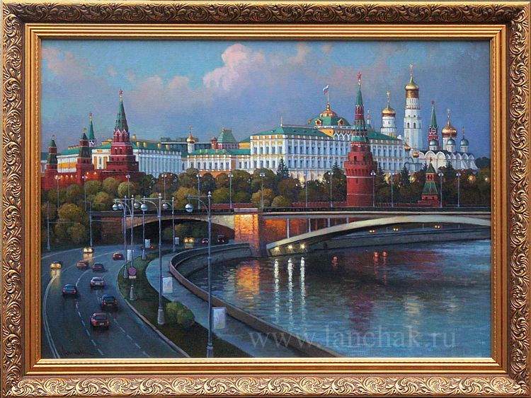 Живописное полотно с вечерним видом на Московский Кремль. Картина художника М. Ланчака