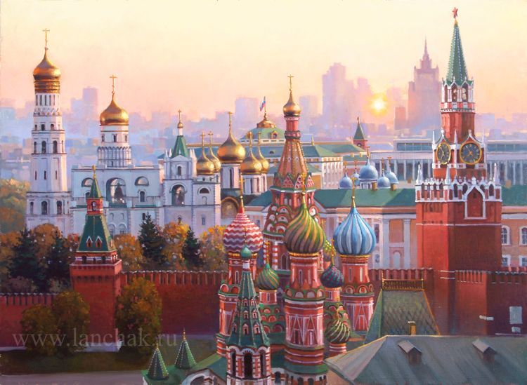 Живописная панорама Москвы с видом на кремль на закате. Холст, масло
