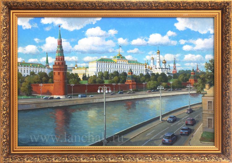 Картина с видом Кремля и Москвы-реки. Живопись маслом