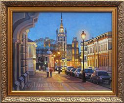 Картина маслом, московская улица Б. Никитская, городской пейзаж художника