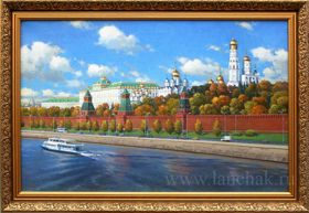 Живописный вид на Московский кремль, Кремлевская набережная. Городской пейзаж Москвы, картина художника