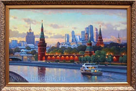 Живопись, картина художника. Городской пейзаж,  вечерний вид на Московский Кремль и Кремлевскую набережную