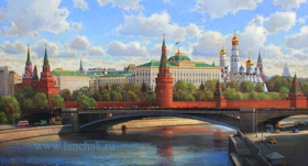 Картина художника с видом на Московский кремль. Живопись, городской пейзаж