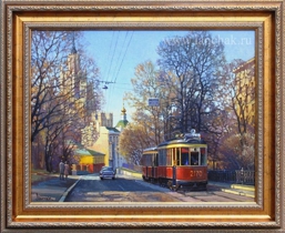 Картина с видом на Яузский бульвар Москвы. Старый трамвай в Москве. Живопись, городской пейзаж, картина художника
