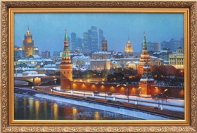 Живопись, картина, вид Кремля. Городской пейзаж, ночная Москва