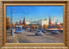 Картина художника маслом на холсте с видом Москвы. Вид на Кремь