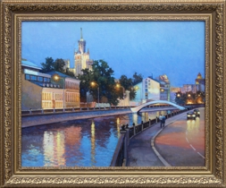 Городской пейзаж, картина художника с видом на набережную Водоотводного канала в Москве. Вечерняя, ночная Москва