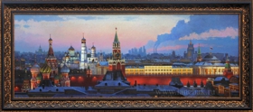 Живописный вид на Москву и Московский кремль. Ночной вид Москвы. Картина художника маслом