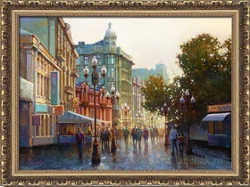 Городской пейзаж Москвы. Улица Арбат, картина. Живопись художника Ланчака