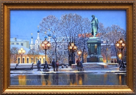Картина с видом Тверского бульвара, памятник Пушкину в Москве. Городской пейзаж