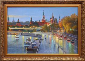 Картина с изображением Кремля и парка Зарядье. Вечерний вид маслом на холсте