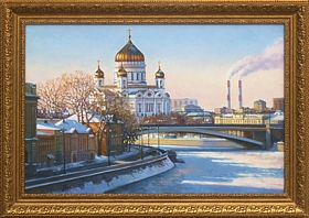 Живопись, картина городской пейзаж Москвы с видом на Храм Христа и Моску-реку зимой художника Ланчака