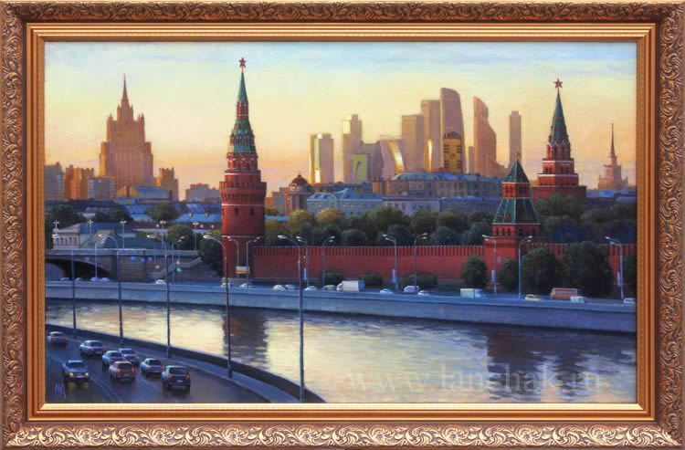 Красочный закатный вид на центр Москвы, набережную реки и Кремль. Холст, масло