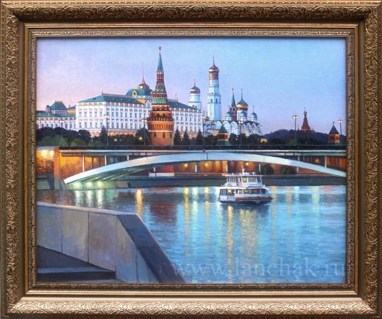 Красивый россвет на утренней Москвой, картина маслом