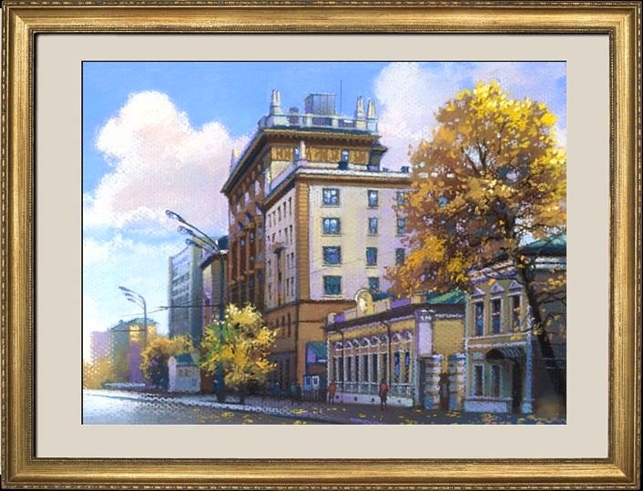 Зимнее утро и вид на Храм Христа в Москве, картина маслом