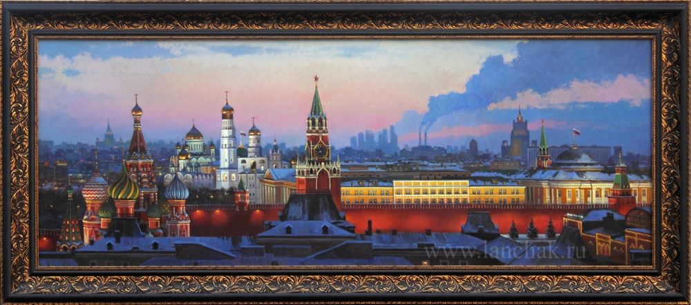 Панорама ночной Москвы с видом на Кремль и огнями города, картина маслом