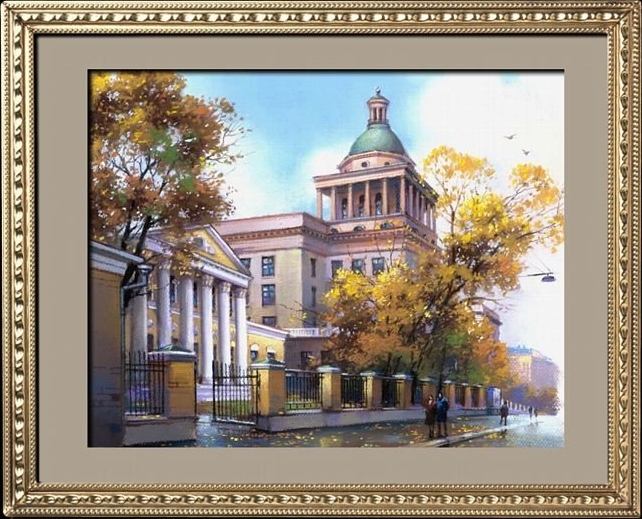 Яузский бульвар со старым трамваем.  городской пейзаж, картина маслом