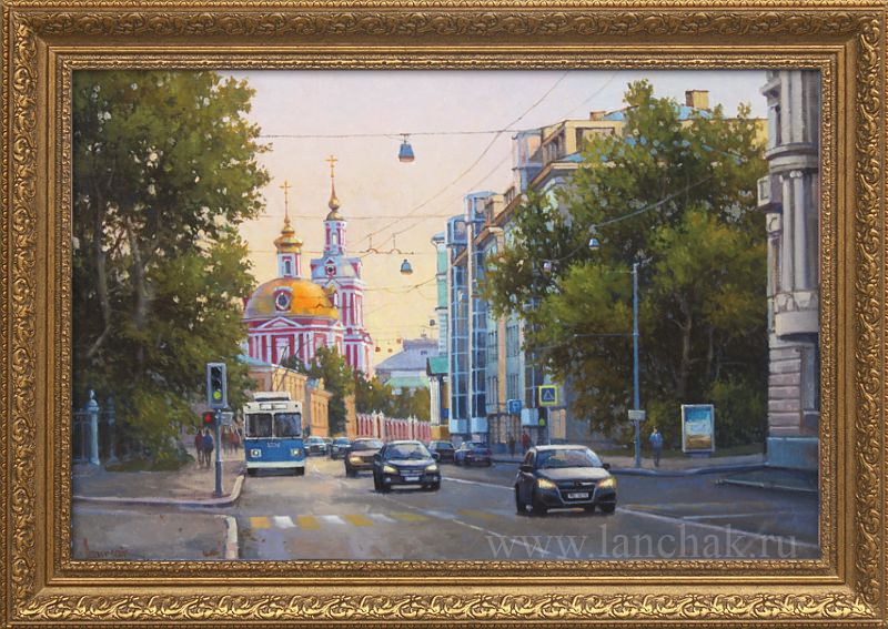 Летний день на Старой Басманной с ретро-троллейбусом. Картина художника маслом на холсте