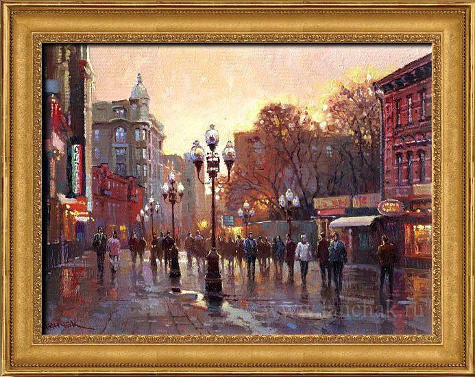 Золотистый свет заката на Старом Арбате с силуэтами прохожих и классическими фасадами, художник Ланчак