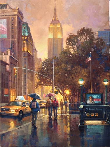 Вечерняя Москва, мягкий свет фонарей и домов, городской пейзаж, масло