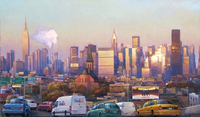 Вид на Манхеттен из Бруклина, городской пейзаж, масло