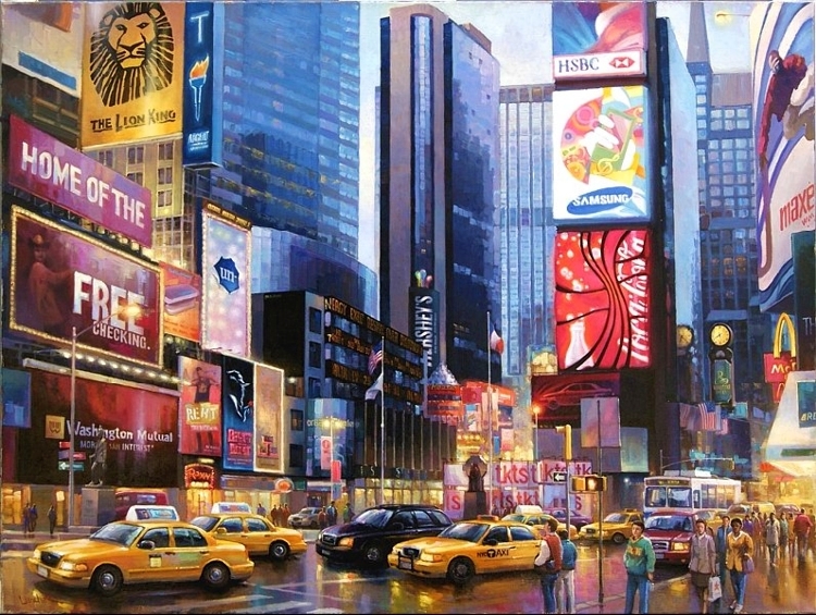 Площадь Таймс в Нью Йорке, городской пейзаж, картина маслом