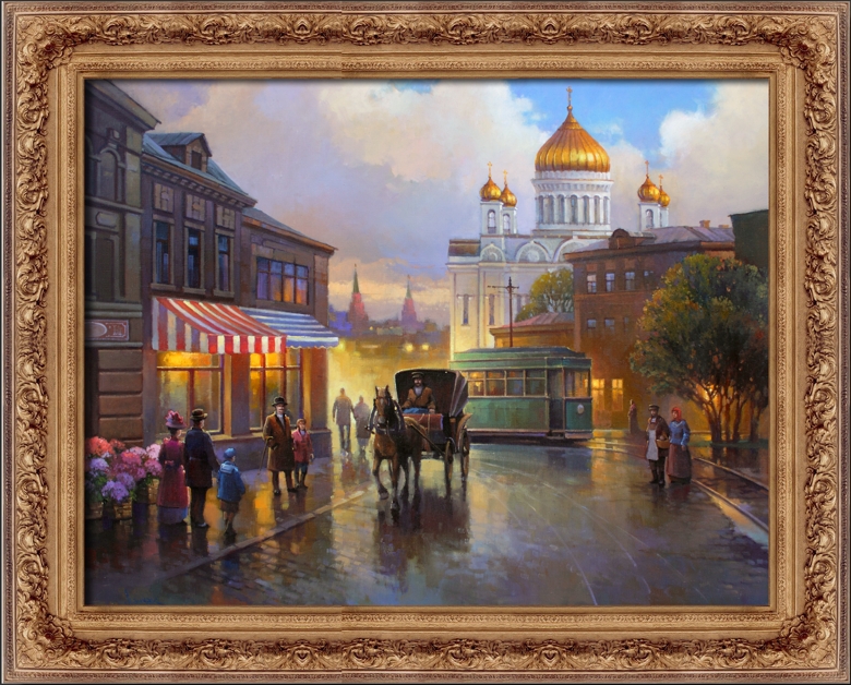 Вечерний городской пейзаж старой Москвы,картина маслом