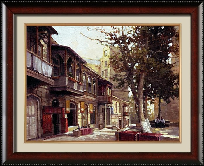 Вид Баку, городской пейзаж улицы старого города. Картина маслом